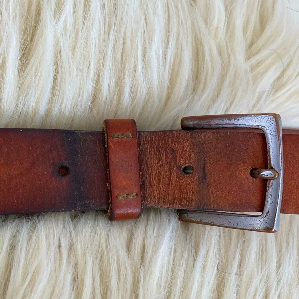 Vintage J. Crew Cognac Brown Italian Leather Belt Silver Buckle Made in USA M-L - Picture 7 of 8